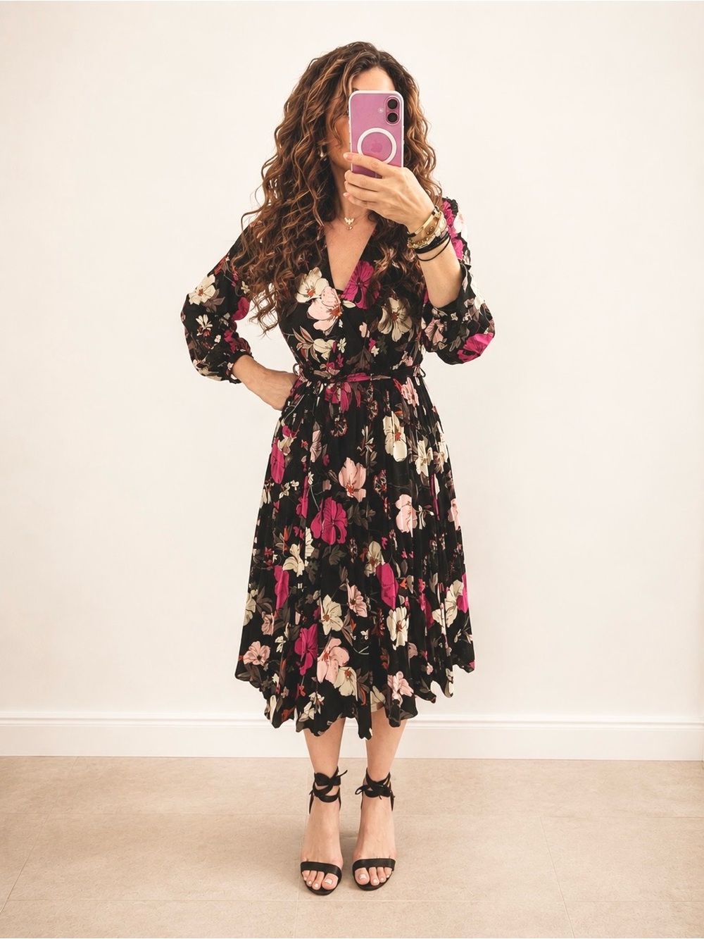 Boho Floral Midi Dress in Black and Pink v neck